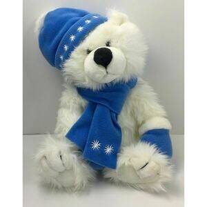 Animal Adventure White Holiday Polar Bear With a Blue Scarf & Hat 12” Sitting